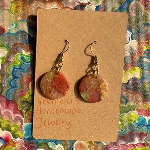 Red, gold, and green handmade marbled earrings